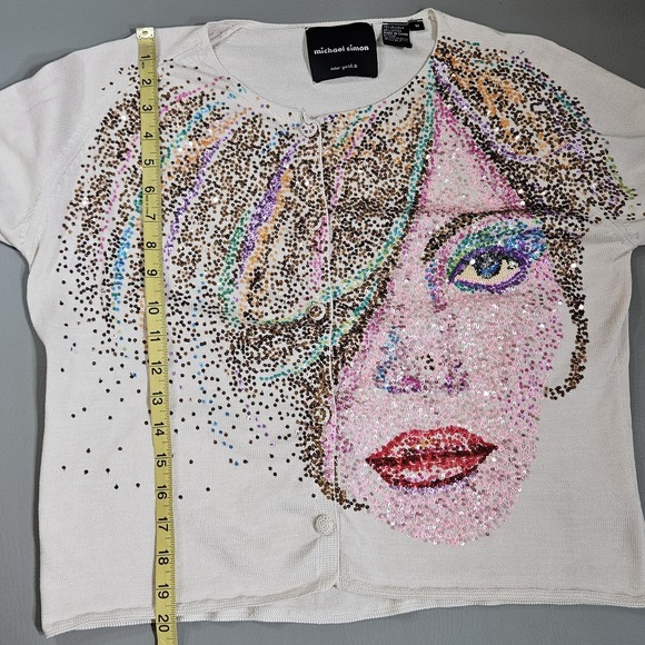 Michael Simon Sweater Medium Cardigan Sequins Face Model Twiggy Art - Picture 8 of 10